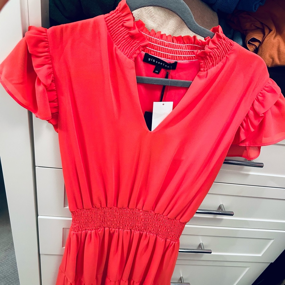 Gibson Look Dress: cinched waist, ruffle cap-sleeve